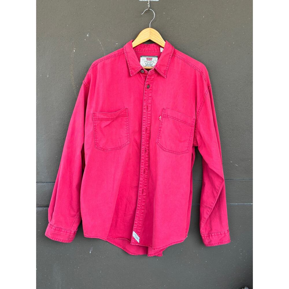 Vintage Levi's Shirt Men's XL Red Denim Metal Button Long Sleeve Brush Popper - Picture 2 of 8